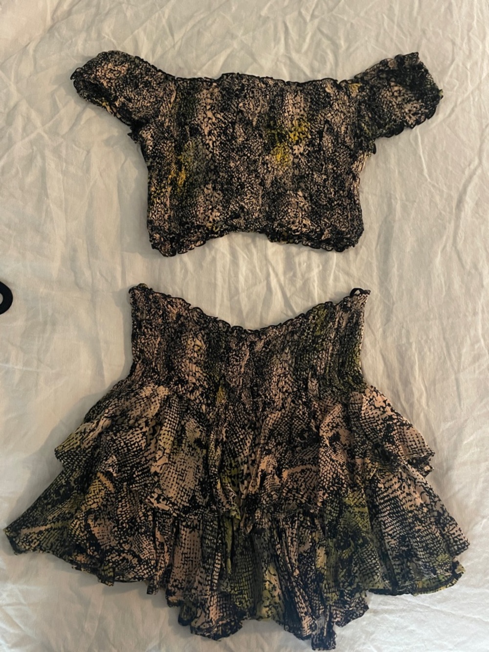 Cleobella Black, Pink & Olive Smocked Two-Piece Skirt Set